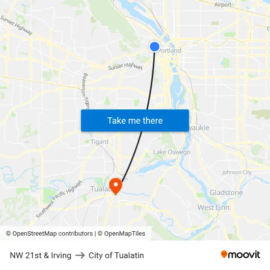 NW 21st & Irving to City of Tualatin map