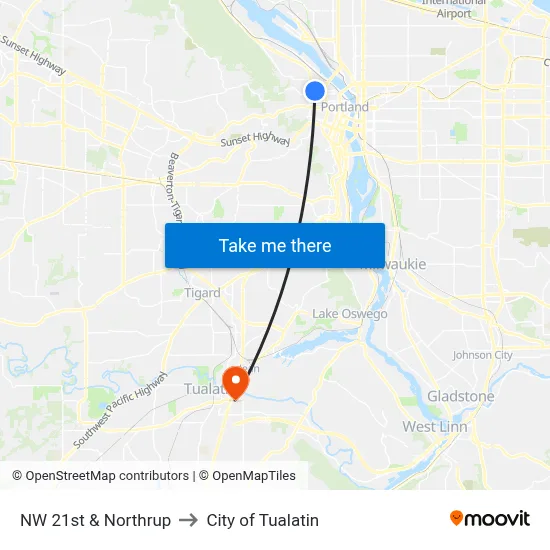 NW 21st & Northrup to City of Tualatin map