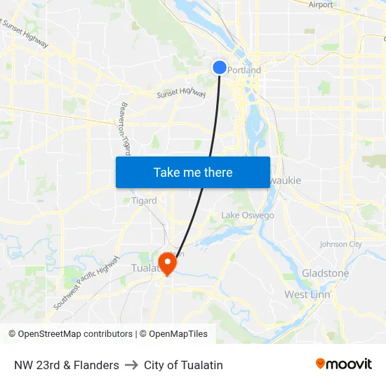 NW 23rd & Flanders to City of Tualatin map