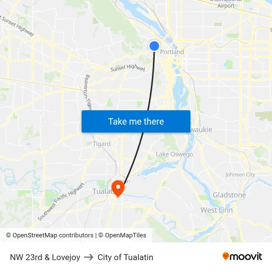 NW 23rd & Lovejoy to City of Tualatin map