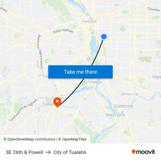 SE 26th & Powell to City of Tualatin map