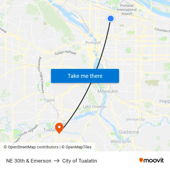 NE 30th & Emerson to City of Tualatin map