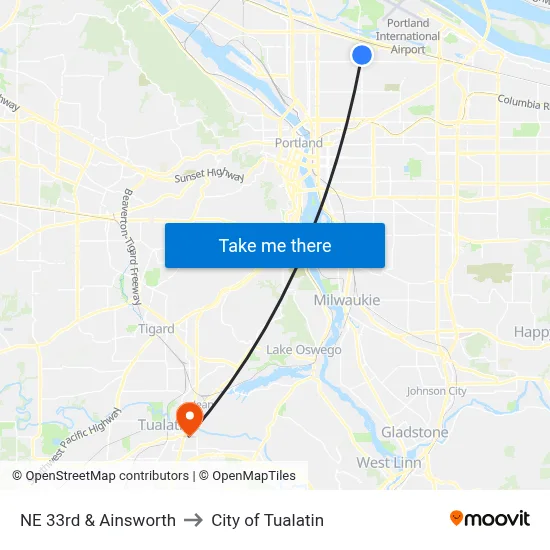 NE 33rd & Ainsworth to City of Tualatin map