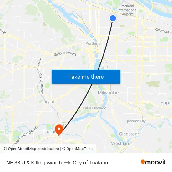 NE 33rd & Killingsworth to City of Tualatin map