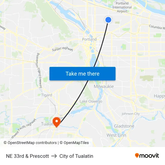 NE 33rd & Prescott to City of Tualatin map