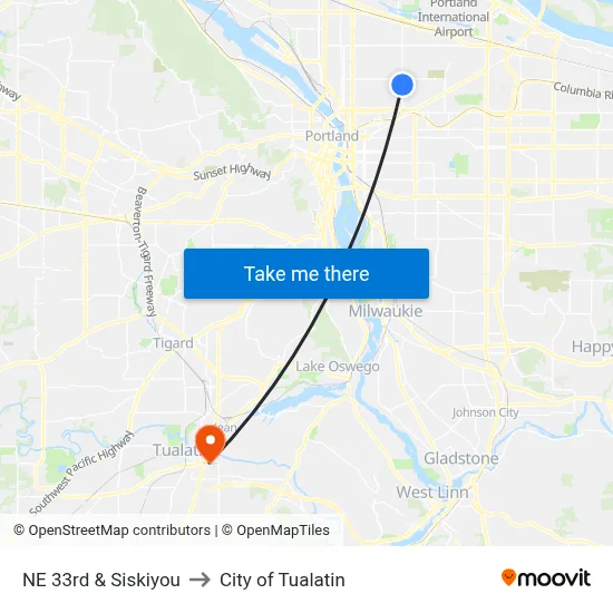 NE 33rd & Siskiyou to City of Tualatin map