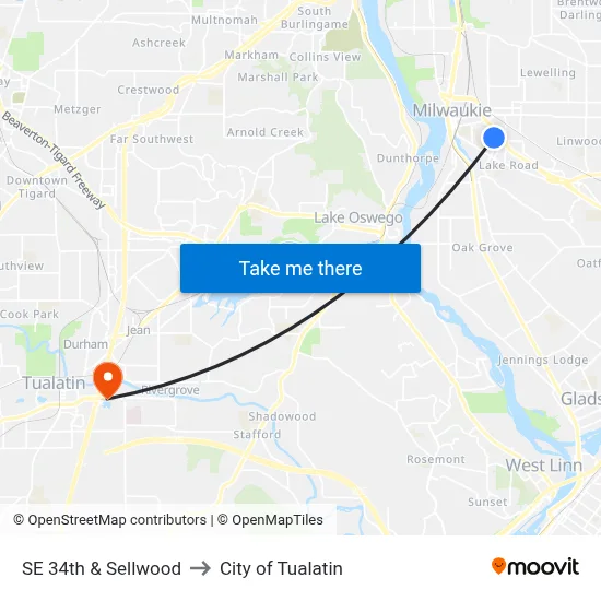 SE 34th & Sellwood to City of Tualatin map