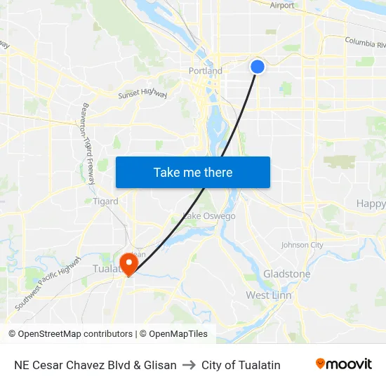NE Cesar Chavez Blvd & Glisan to City of Tualatin map