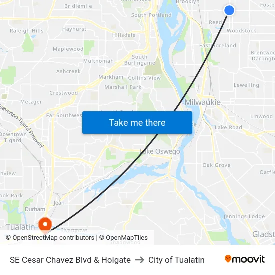 SE Cesar Chavez Blvd & Holgate to City of Tualatin map