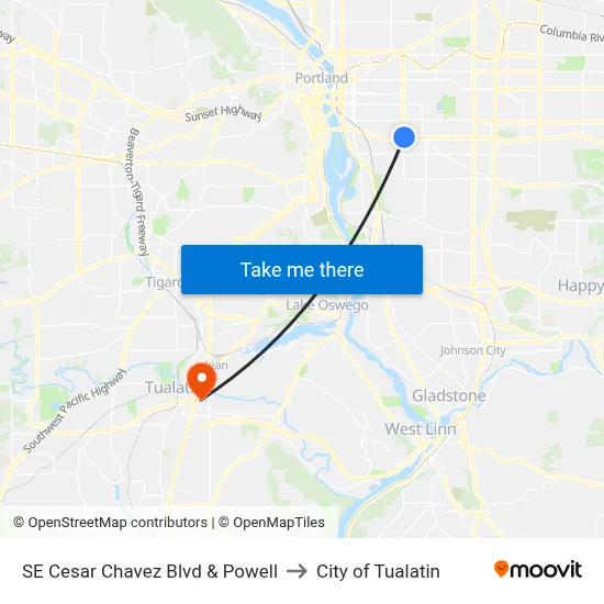 SE Cesar Chavez Blvd & Powell to City of Tualatin map