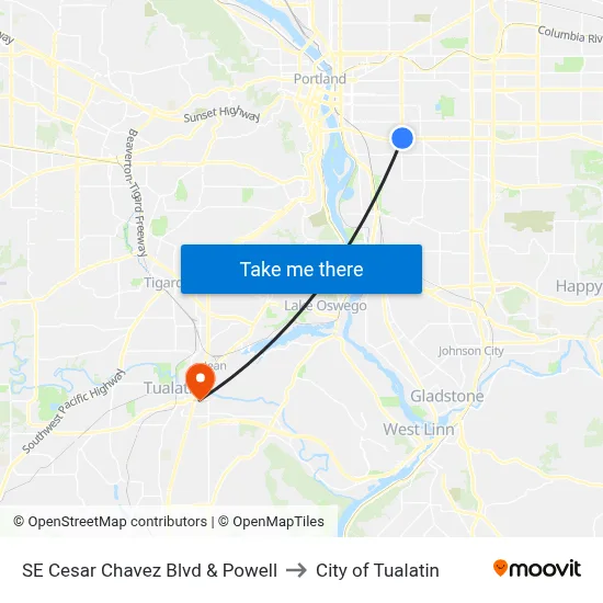 SE Cesar Chavez Blvd & Powell to City of Tualatin map