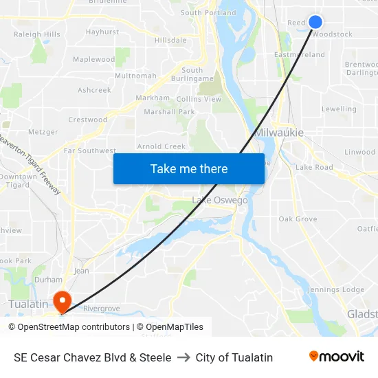SE Cesar Chavez Blvd & Steele to City of Tualatin map
