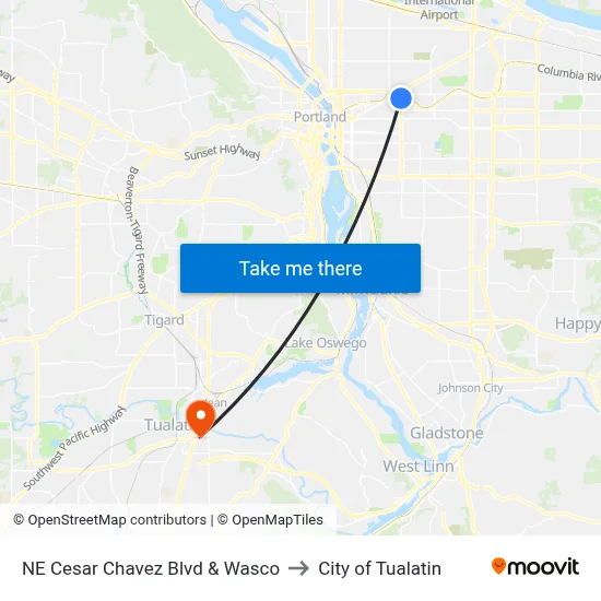 NE Cesar Chavez Blvd & Wasco to City of Tualatin map