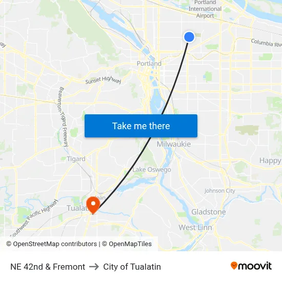NE 42nd & Fremont to City of Tualatin map