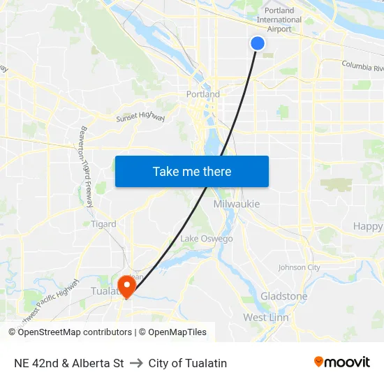 NE 42nd & Alberta St to City of Tualatin map