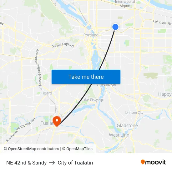 NE 42nd & Sandy to City of Tualatin map