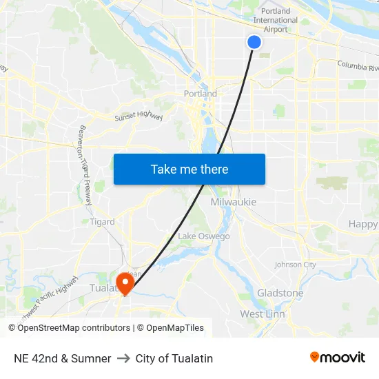 NE 42nd & Sumner to City of Tualatin map