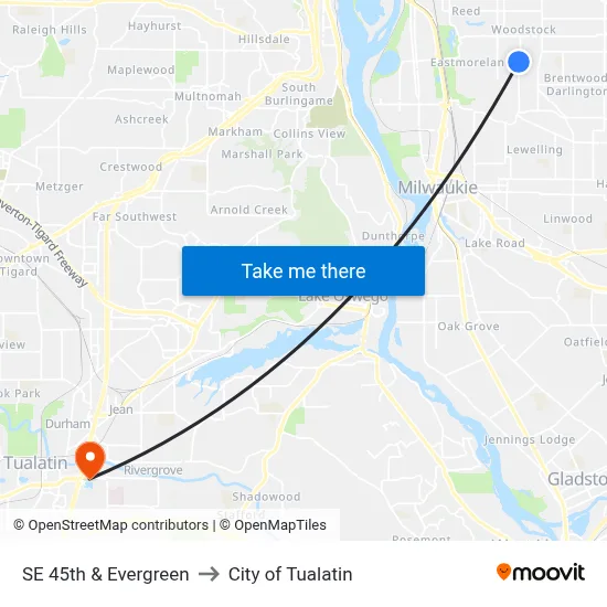 SE 45th & Evergreen to City of Tualatin map