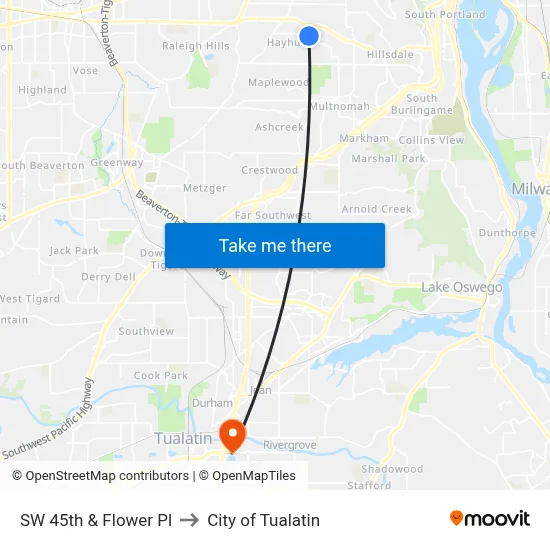 SW 45th & Flower Pl to City of Tualatin map