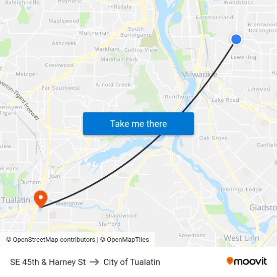 SE 45th & Harney St to City of Tualatin map