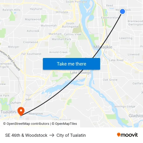 SE 46th & Woodstock to City of Tualatin map