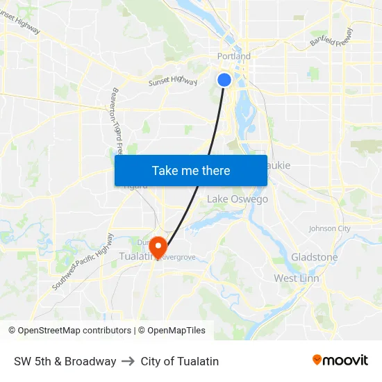 SW 5th & Broadway to City of Tualatin map