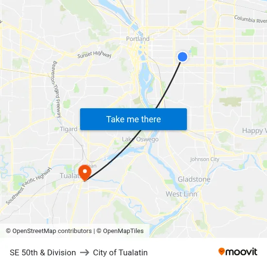SE 50th & Division to City of Tualatin map