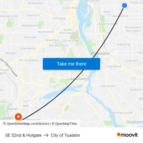 SE 52nd & Holgate to City of Tualatin map