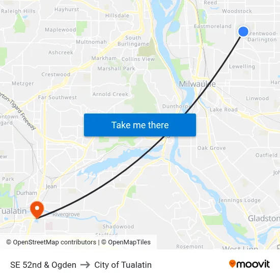 SE 52nd & Ogden to City of Tualatin map