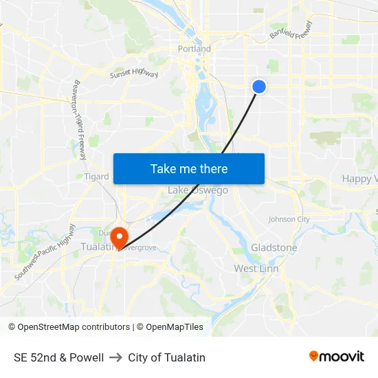 SE 52nd & Powell to City of Tualatin map
