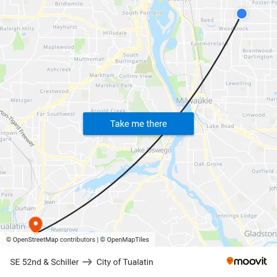 SE 52nd & Schiller to City of Tualatin map