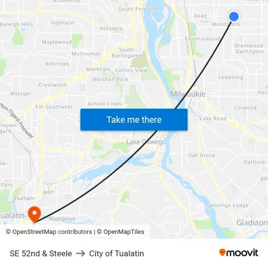 SE 52nd & Steele to City of Tualatin map