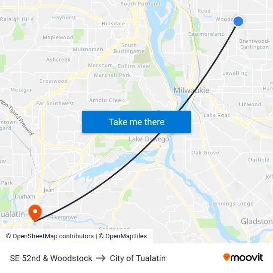 SE 52nd & Woodstock to City of Tualatin map
