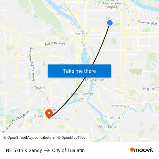 NE 57th & Sandy to City of Tualatin map
