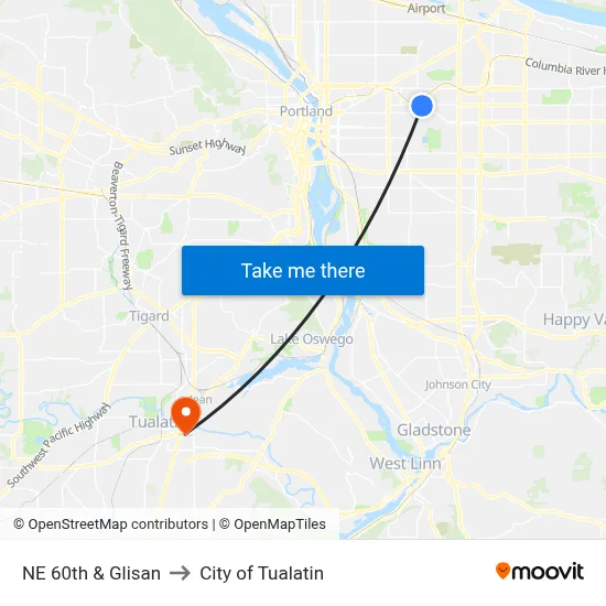 NE 60th & Glisan to City of Tualatin map