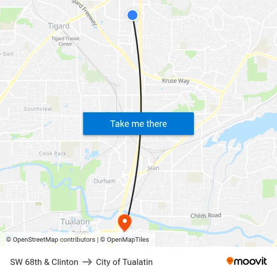 SW 68th & Clinton to City of Tualatin map