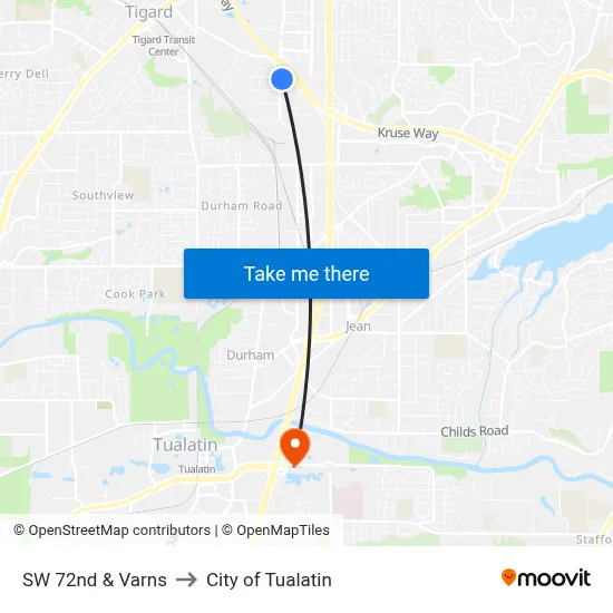 SW 72nd & Varns to City of Tualatin map