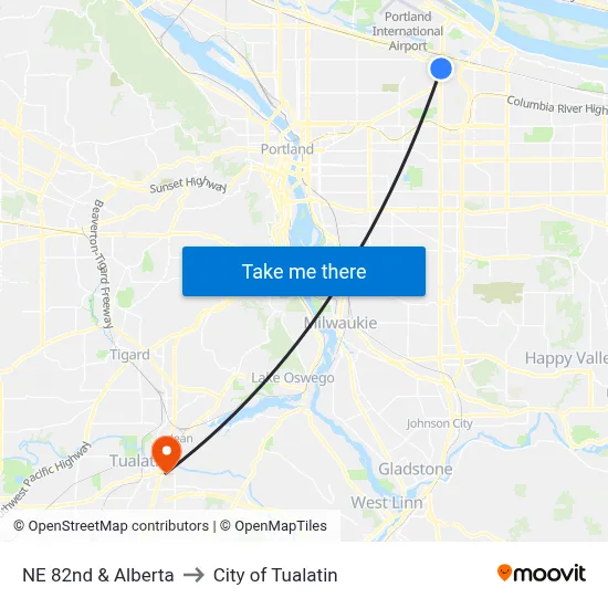 NE 82nd & Alberta to City of Tualatin map