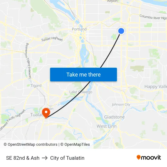 SE 82nd & Ash to City of Tualatin map