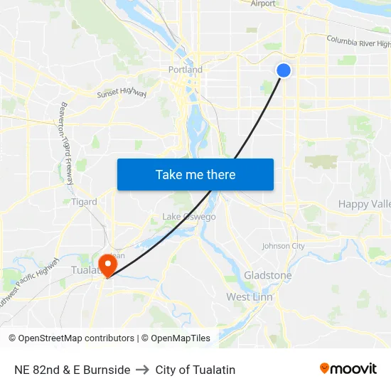 NE 82nd & E Burnside to City of Tualatin map