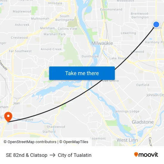 SE 82nd & Clatsop to City of Tualatin map