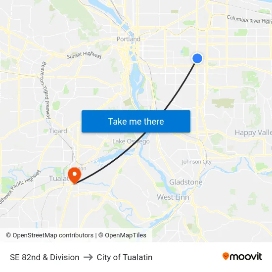 SE 82nd & Division to City of Tualatin map