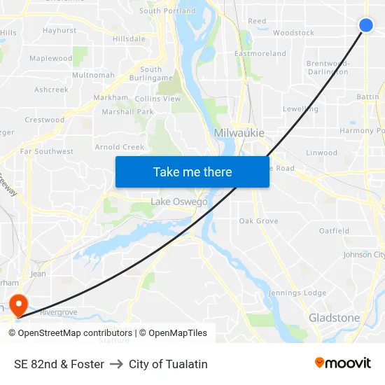 SE 82nd & Foster to City of Tualatin map