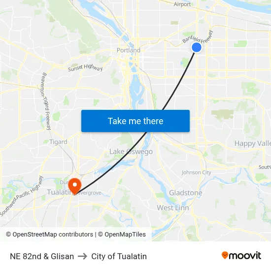 NE 82nd & Glisan to City of Tualatin map