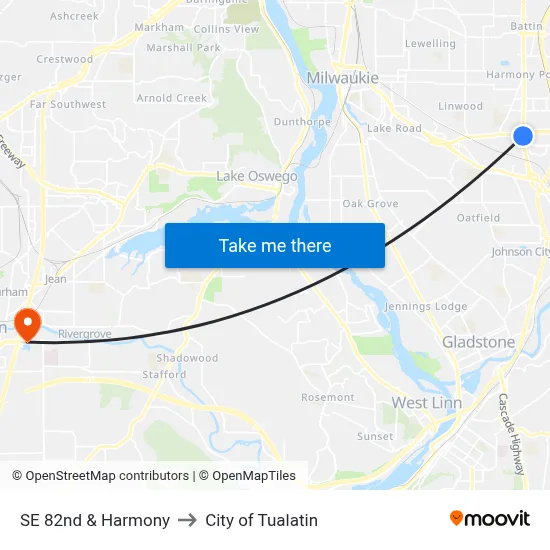 SE 82nd & Harmony to City of Tualatin map