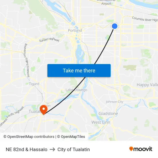 NE 82nd & Hassalo to City of Tualatin map