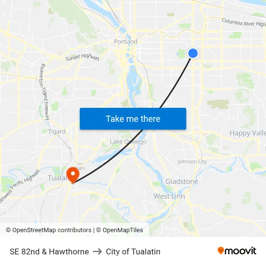 SE 82nd & Hawthorne to City of Tualatin map
