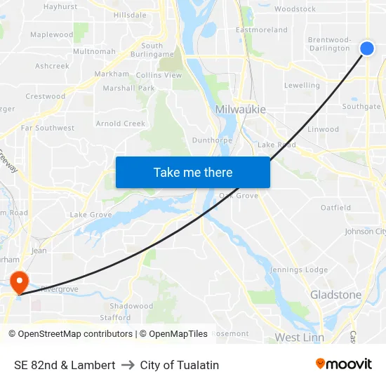 SE 82nd & Lambert to City of Tualatin map