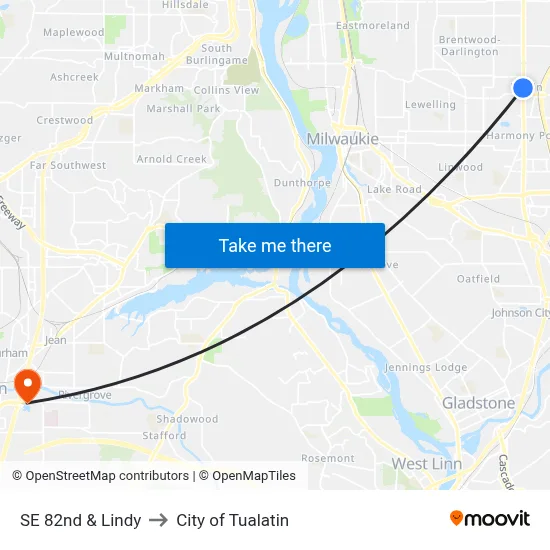 SE 82nd & Lindy to City of Tualatin map