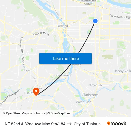 NE 82nd & 82nd Ave Max Stn/I-84 to City of Tualatin map